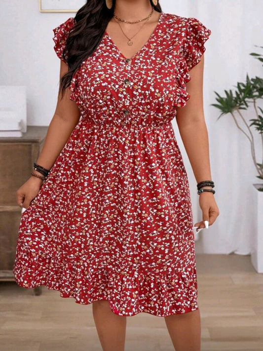 #1417 Ditsy Floral Cap Sleeve Button Design Dress