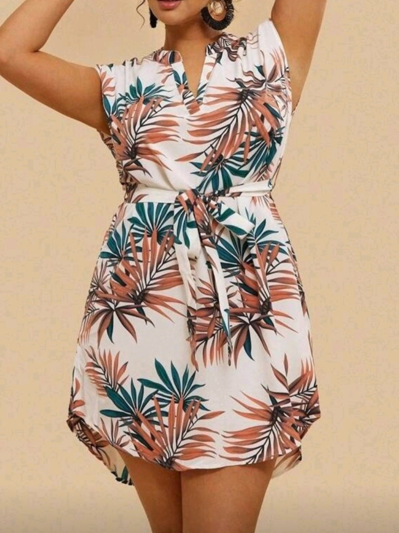 #8303Tropical Print Short Sleeve Belted Dress