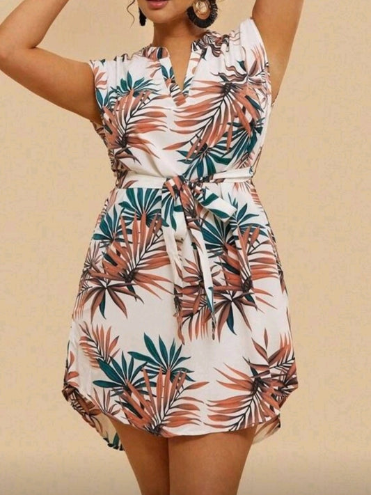 #8303Tropical Print Short Sleeve Belted Dress