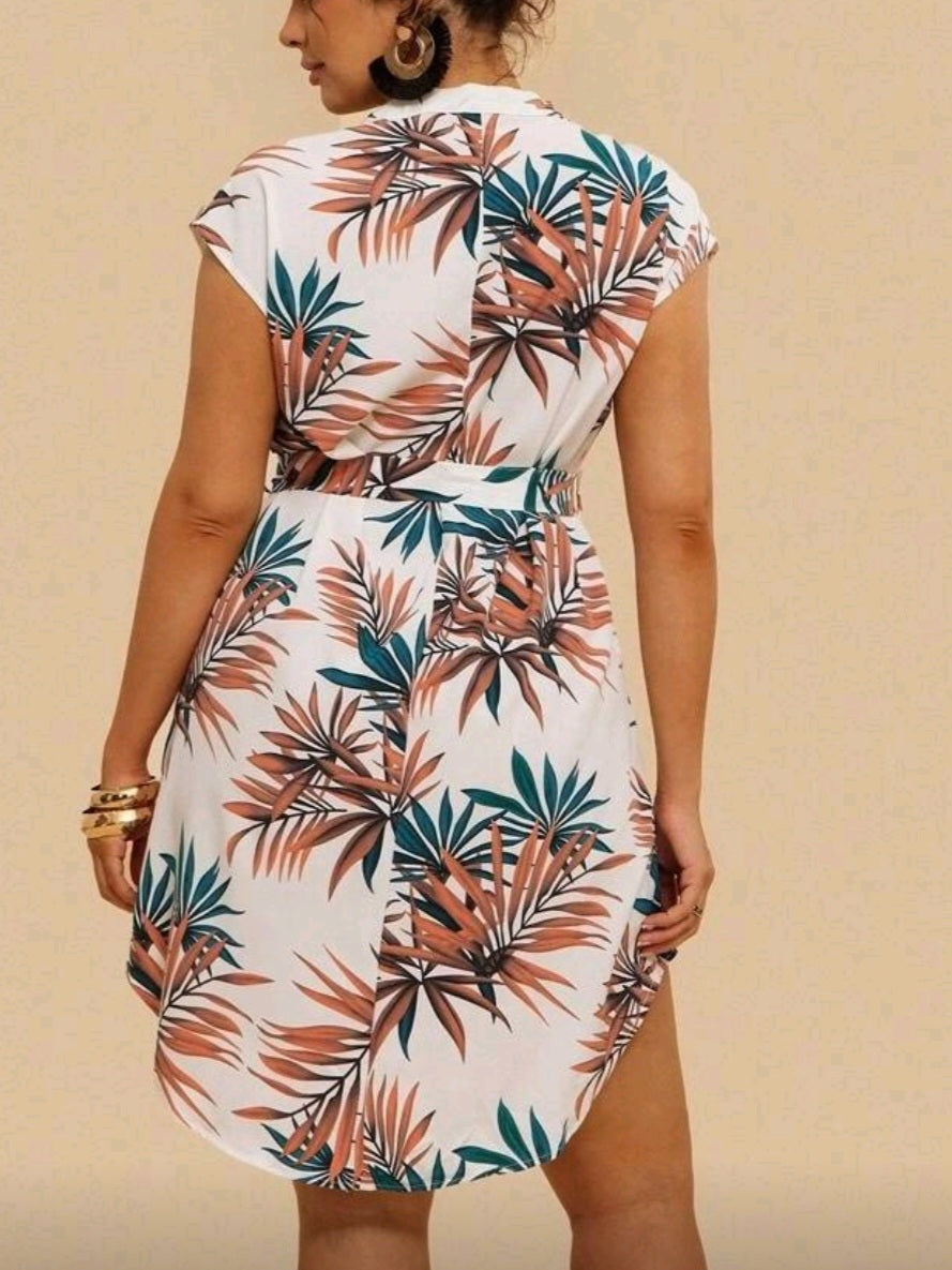 #8303Tropical Print Short Sleeve Belted Dress