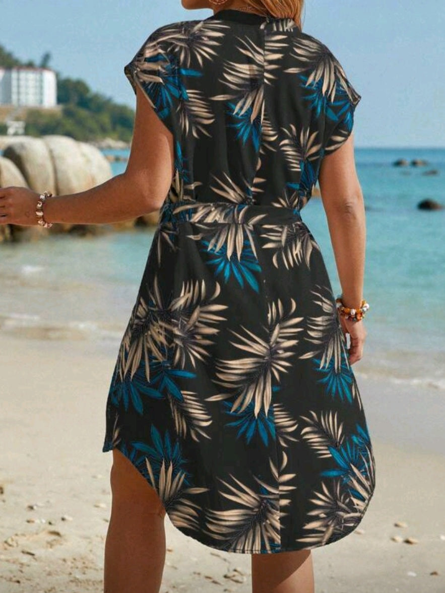 #2526 Tropical Print Belted Dress