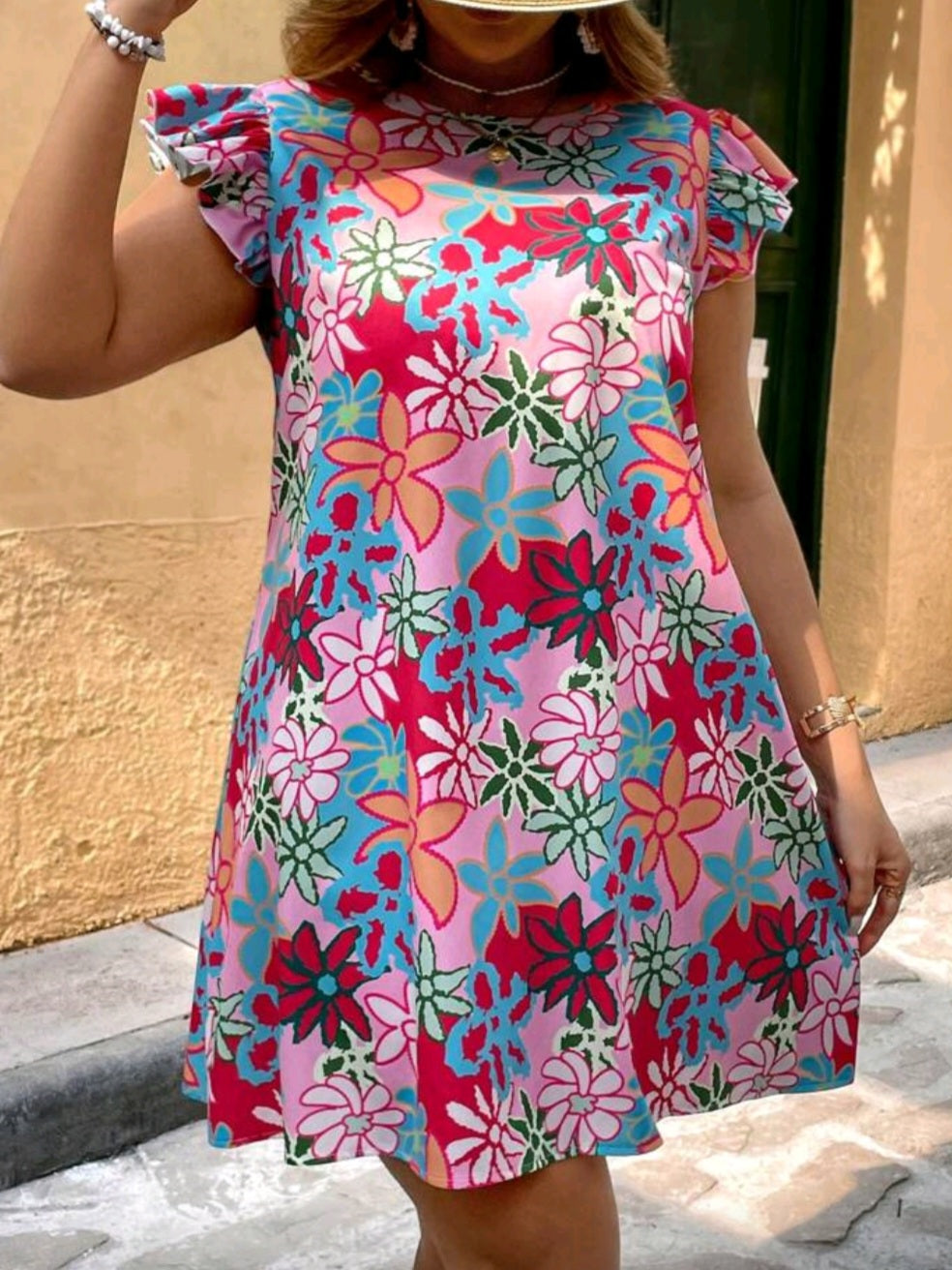 #5081 Floral All Over Print Cap Sleeve Dress