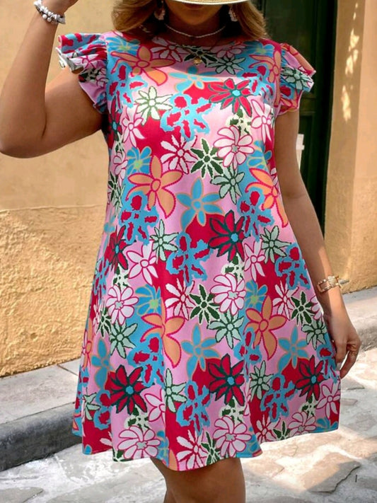 #5081 Floral All Over Print Cap Sleeve Dress