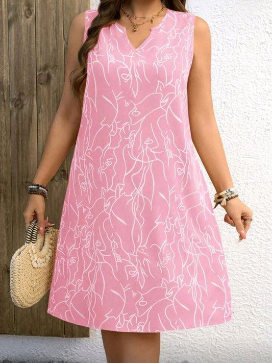 #5615 Abstract Print V-Neck Sleeveless Dress