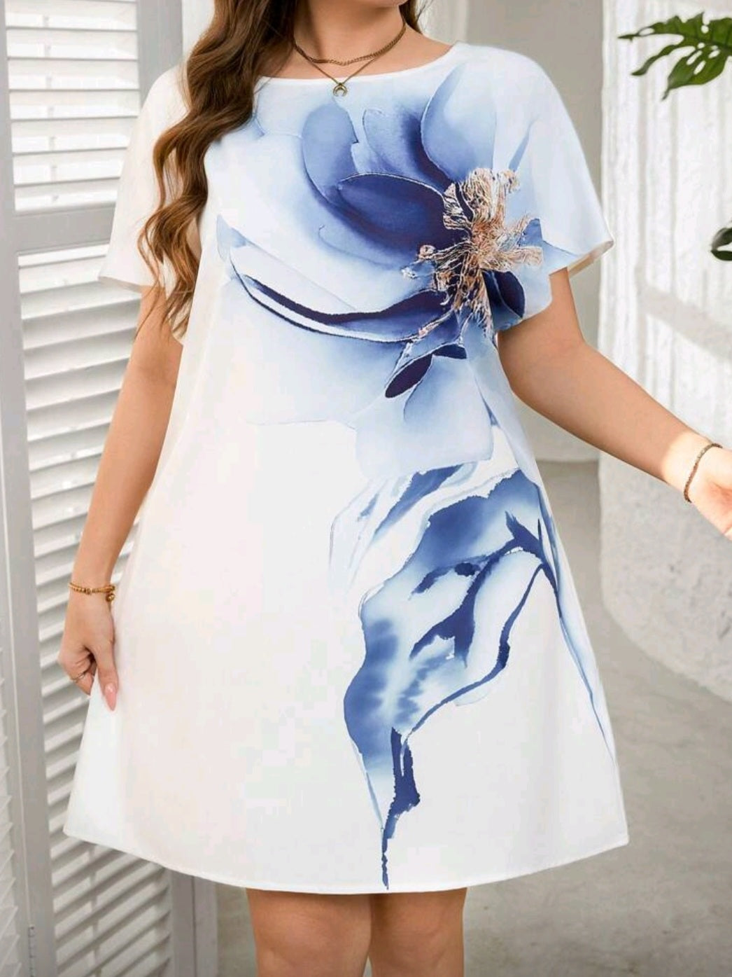 #3515 Floral Print Short Sleeve Round Neck Dress