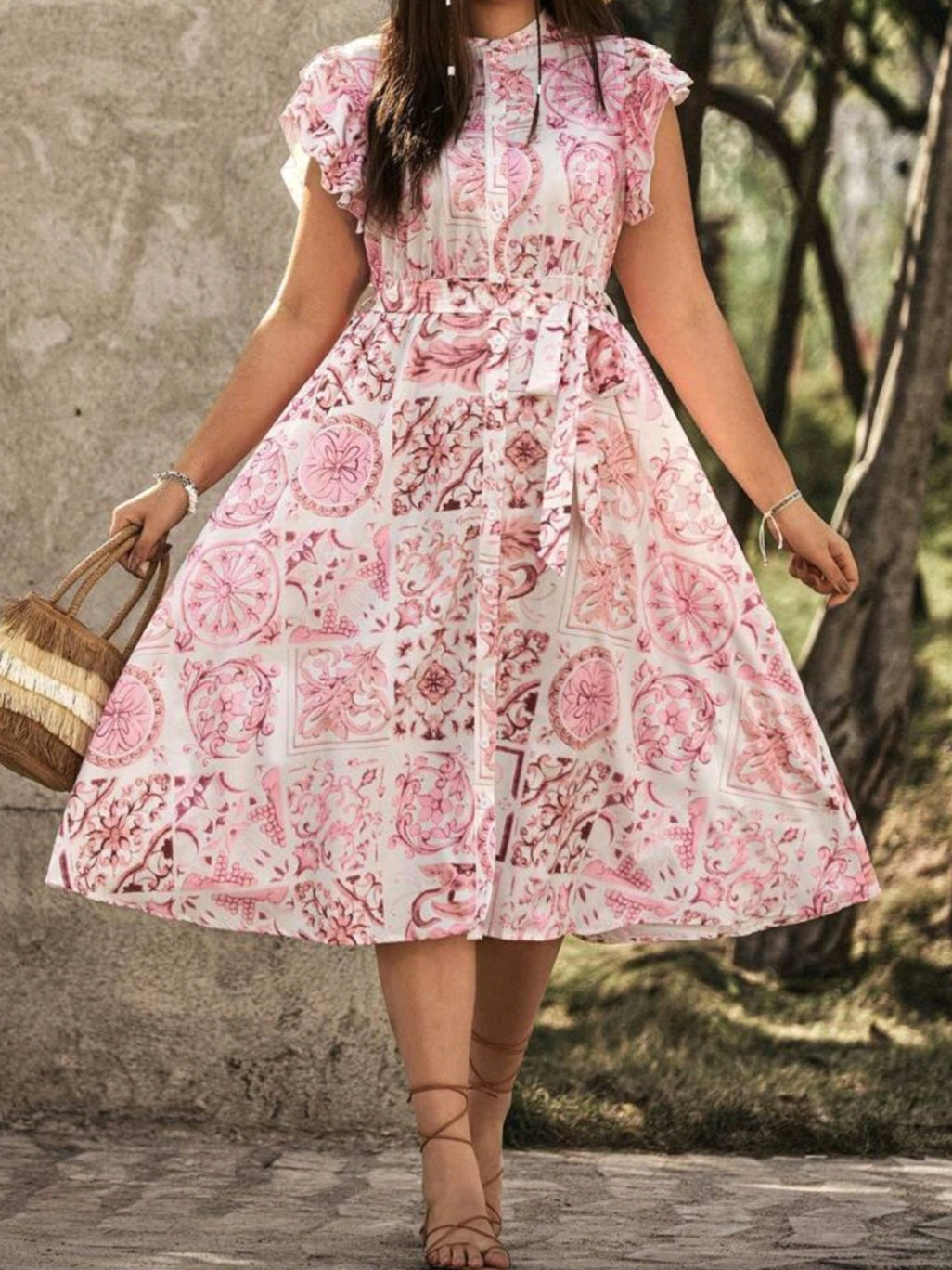 #3902 Floral Print Double Layer Sleeves Dress