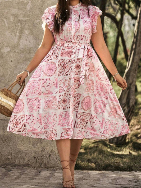 #3902 Floral Print Double Layer Sleeves Dress