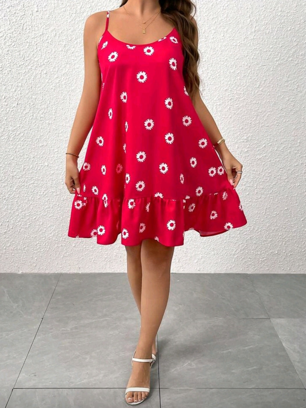 #4141 Daisy Print Ruffle Hem Spaghetti Strap Dress