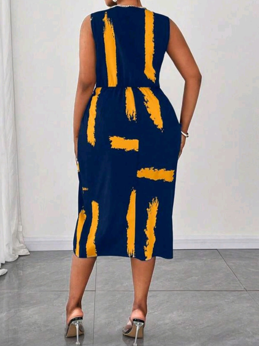 #5966 Fashion Print Sleeveless V-Neck Dress