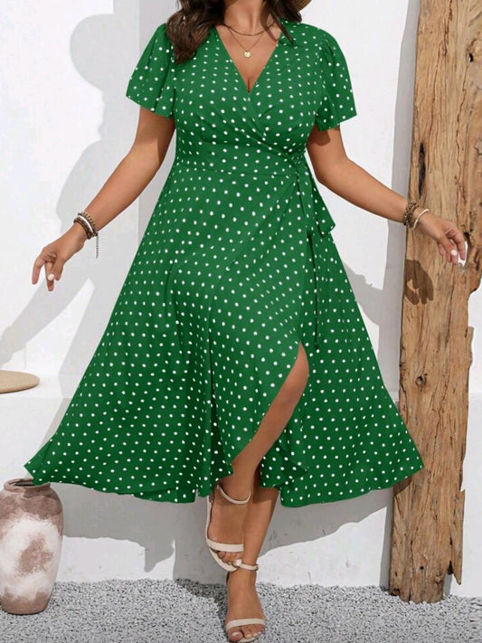 #2458 Polka Dot Ruffle Surplice Neckline Wrap Elegant Dress