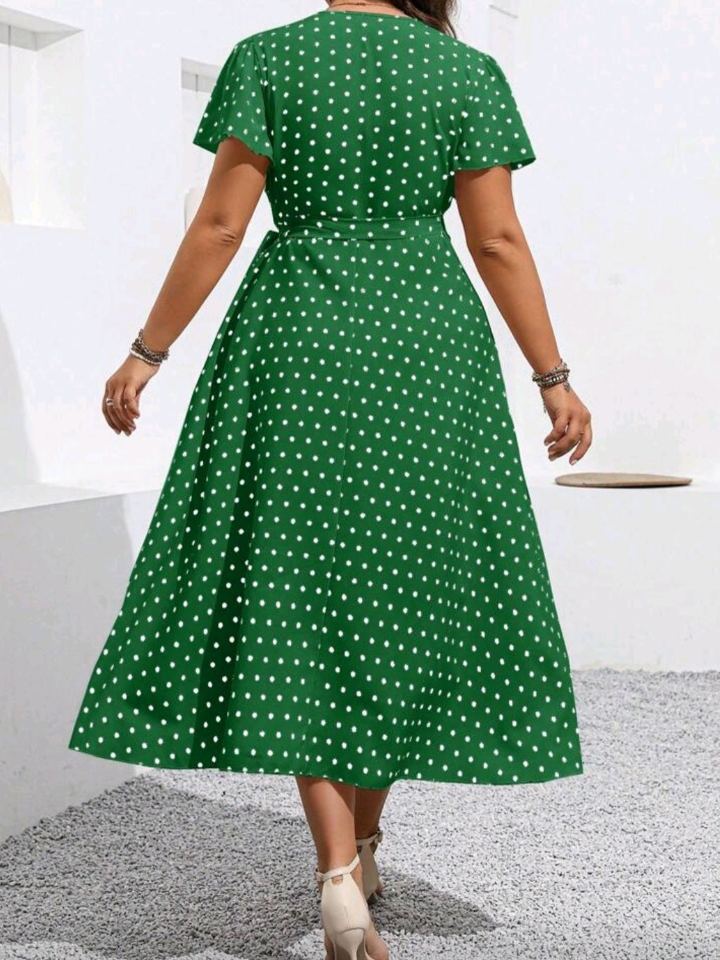 #2458 Polka Dot Ruffle Surplice Neckline Wrap Elegant Dress