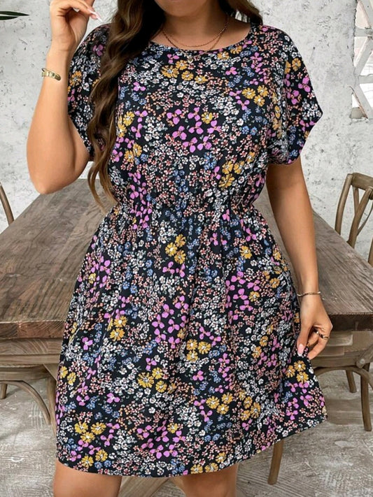 #2620 Ditsy Floral Batwing Sleeve Waisted Dress