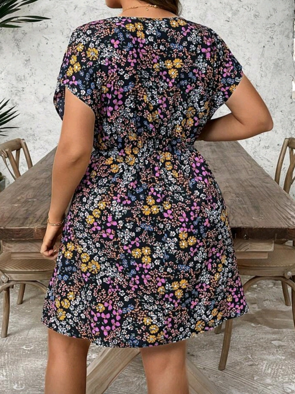 #2620 Ditsy Floral Batwing Sleeve Waisted Dress