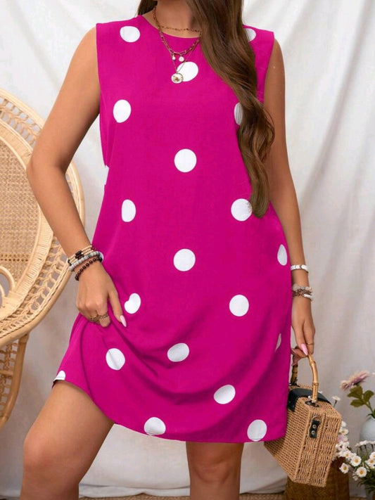 #5357 Polka Dot Print Round Neck Sleeveless Dress
