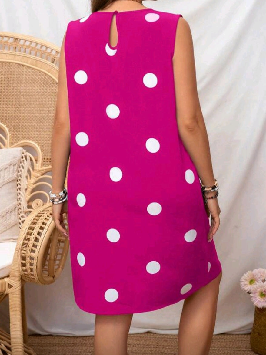 #5357 Polka Dot Print Round Neck Sleeveless Dress
