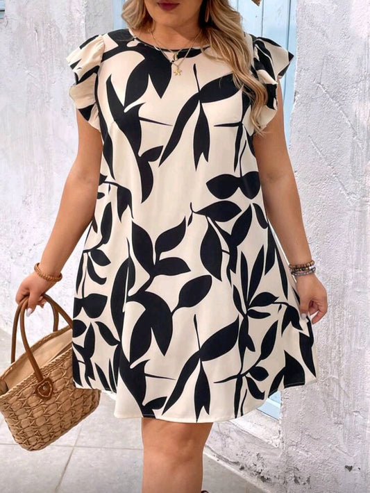 #5885 Plant Print Ruffle Hem Dress
