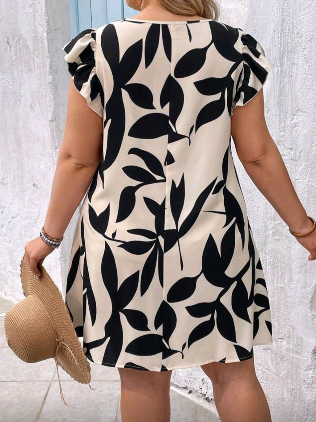 #5885 Plant Print Ruffle Hem Dress