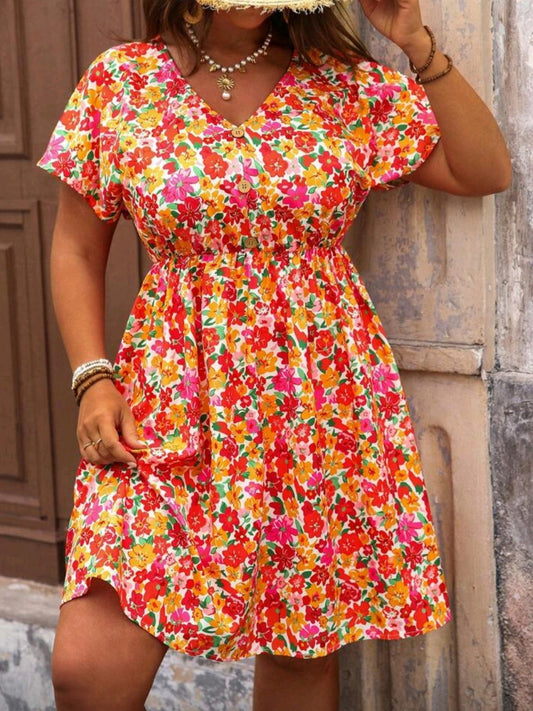 #1557 Ditsy Floral Print Ruffle Hem Dress