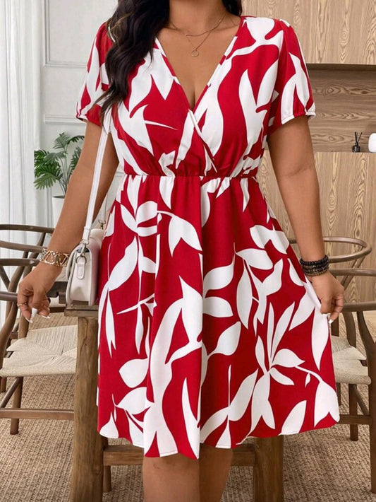 #2333 Short Sleeve Plant Print Dress