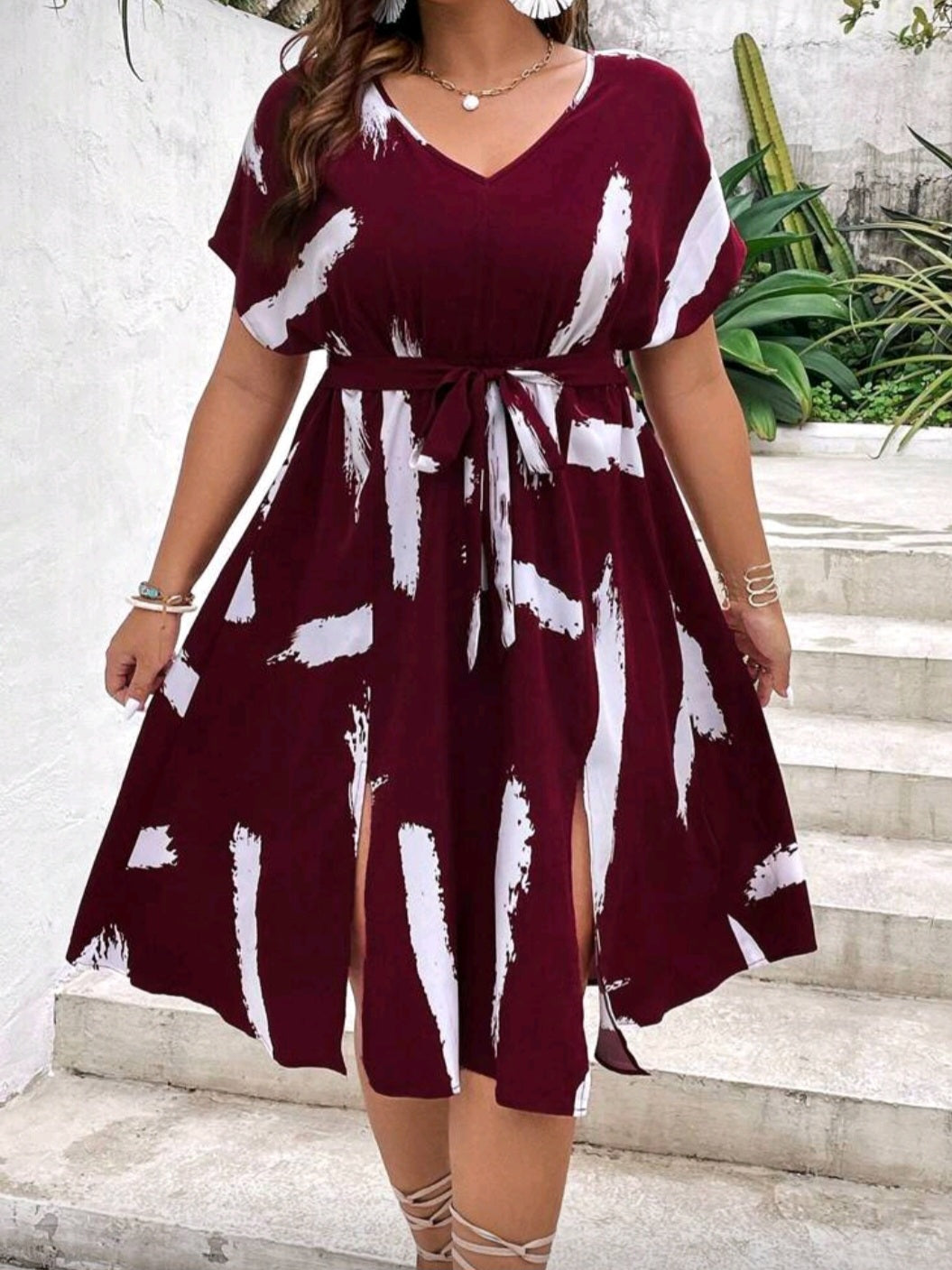 #2213 Brush Print Batwing Sleeve Split Thigh Belted Dress