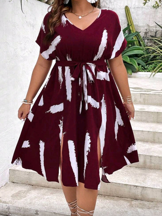 #2213 Brush Print Batwing Sleeve Split Thigh Belted Dress