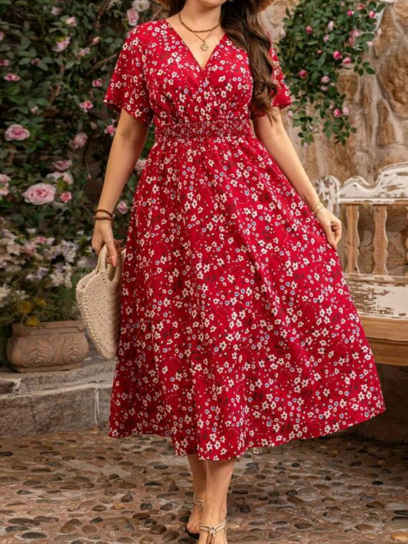 #9242 Cinched Waist Ditsy Floral Short Sleeve Dress