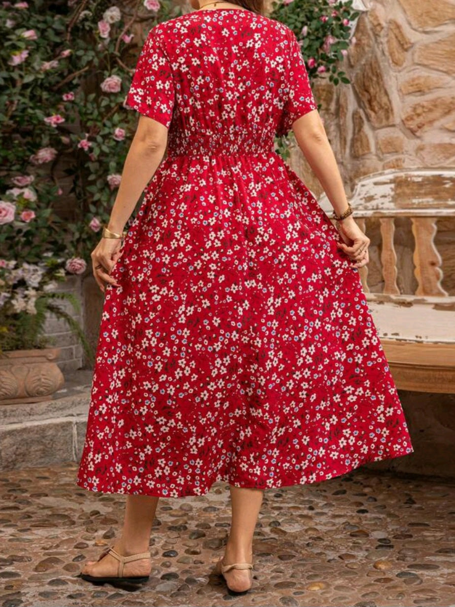 #9242 Cinched Waist Ditsy Floral Short Sleeve Dress