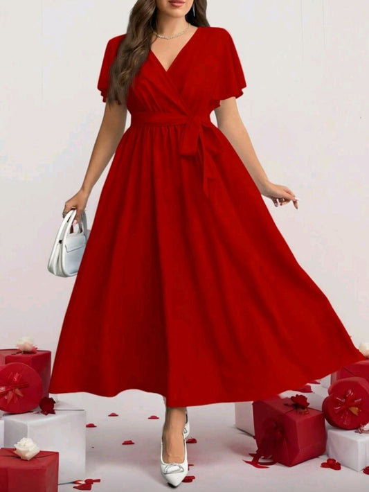 #3637 Elegant Tie Waist Long Solid Colour Dress