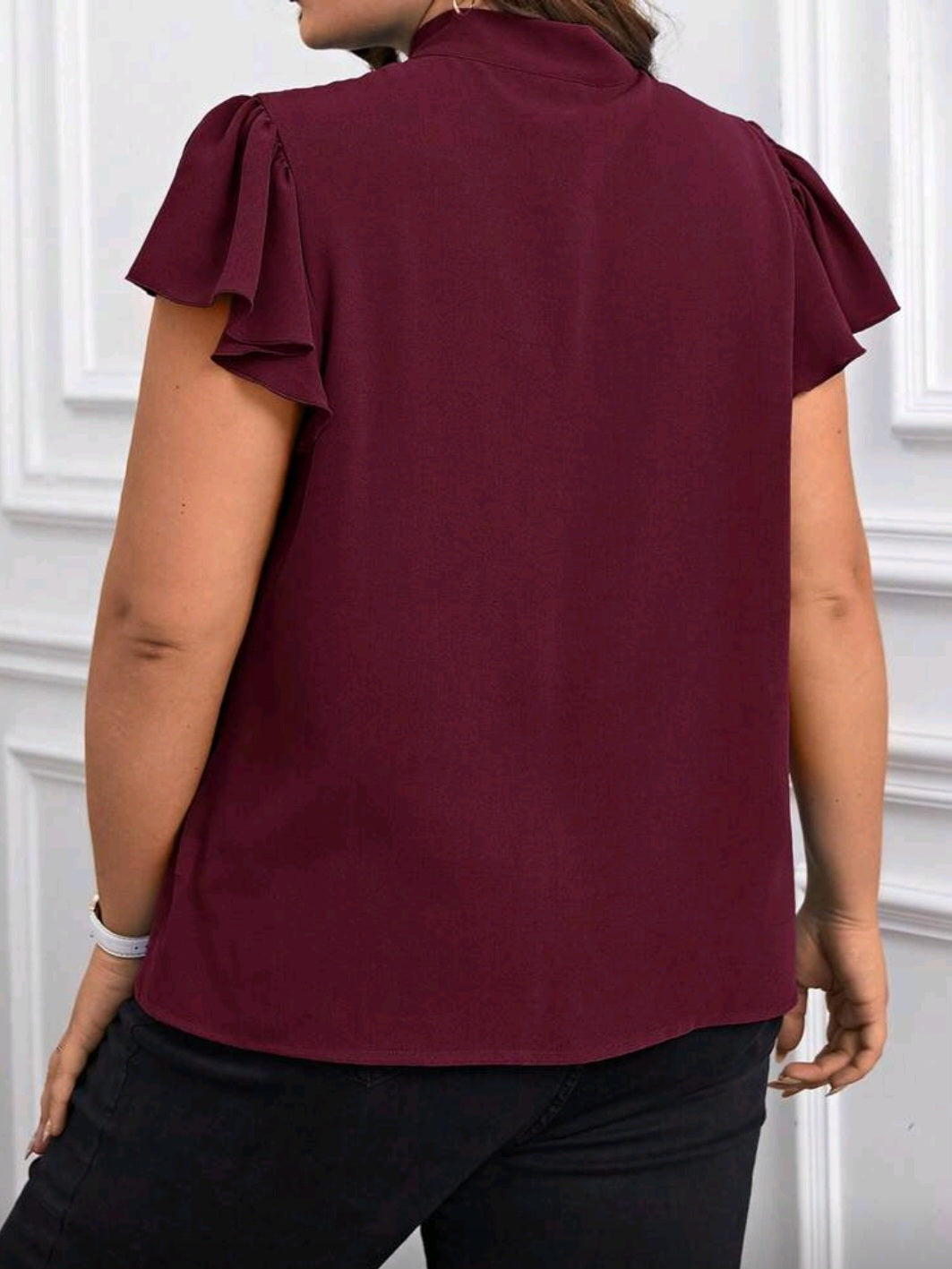 #8783 Solid Color Tie Neck Ruffle Sleeve Elegant Blouse