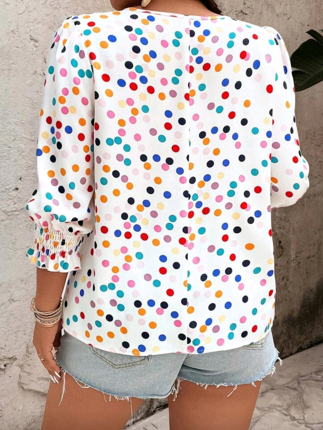 #6673 / 2826 Polka Dot Print Round Neck Puff Sleeve Shirt