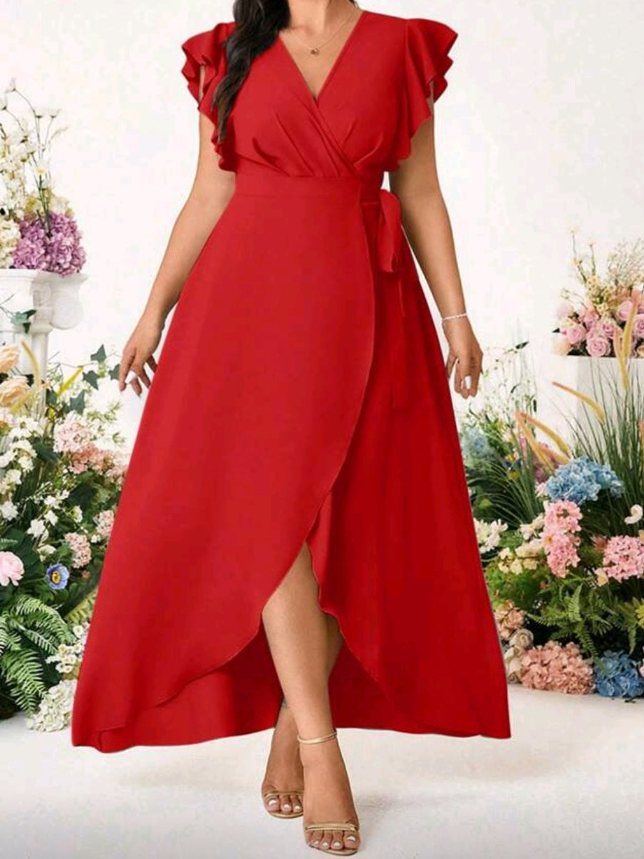 #8423 Solid Color Cross V-Neck, Side Tie, Sleeve Ruffle Dress