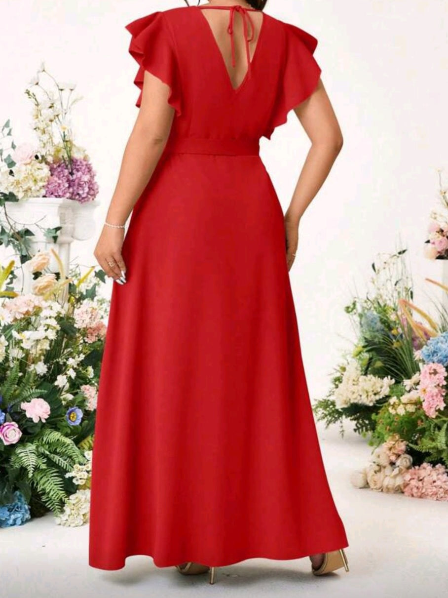 #8423 Solid Color Cross V-Neck, Side Tie, Sleeve Ruffle Dress