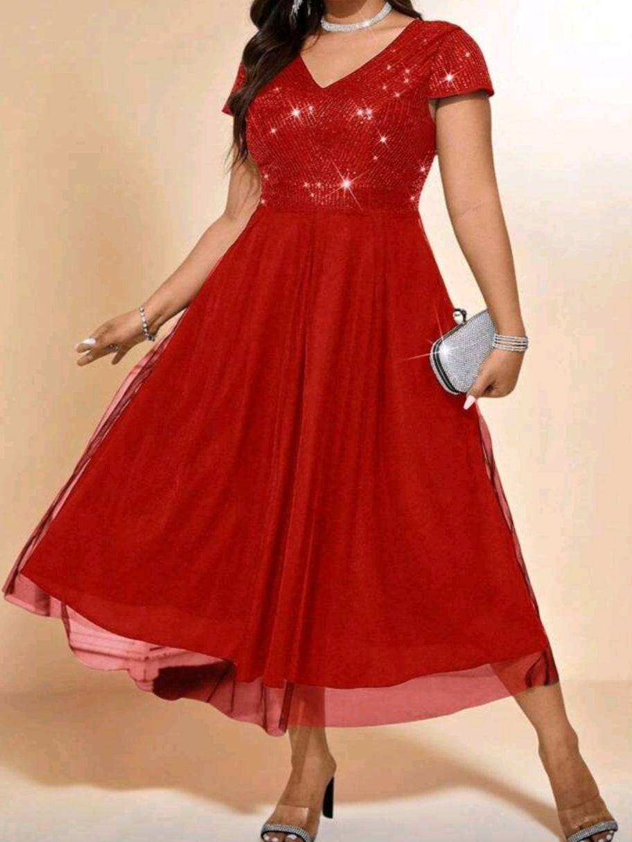 #4348 Glitter Sequin Patchwork Sleeve Dress