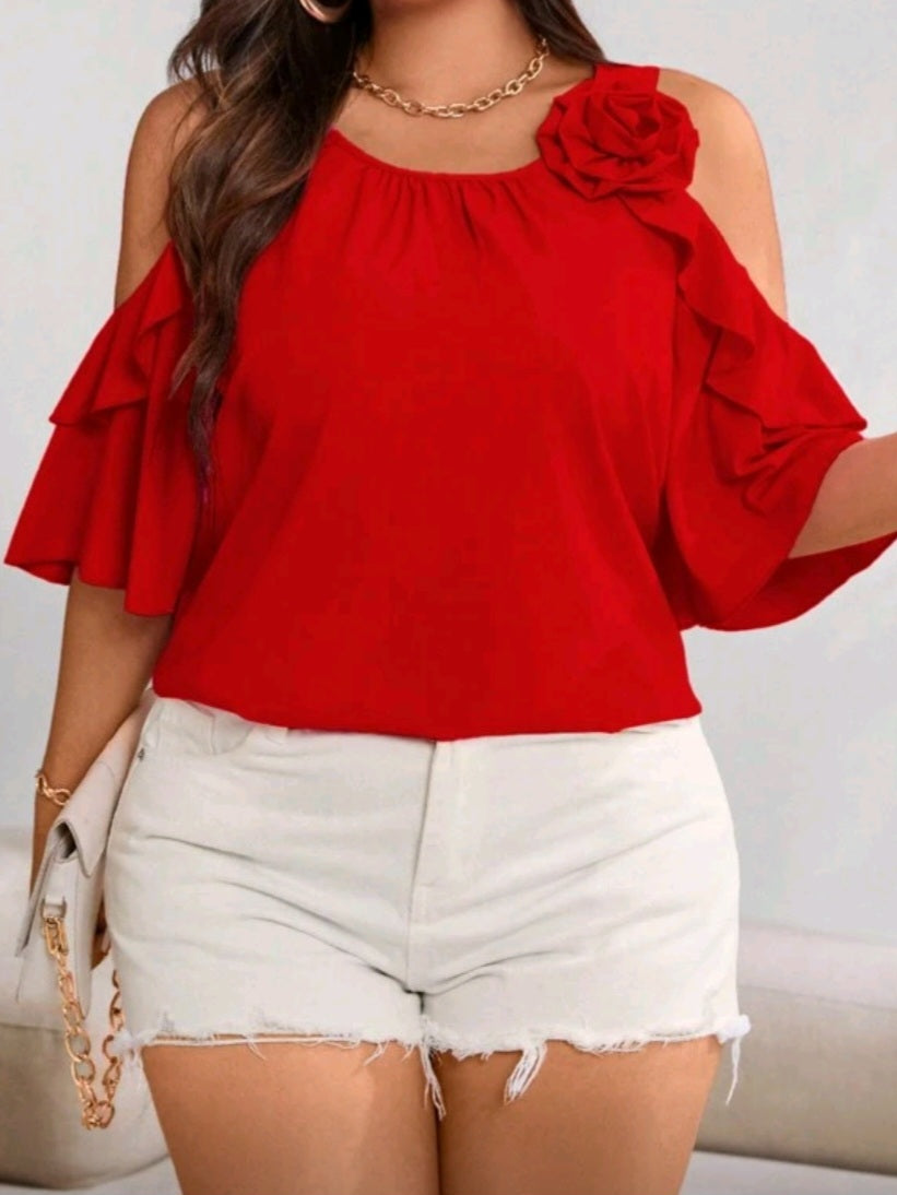 #1421 Cold Shoulder Ruffle Trim Blouse