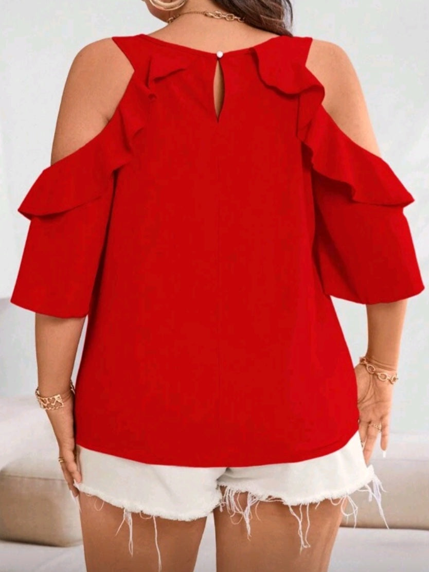 #1421 Cold Shoulder Ruffle Trim Blouse