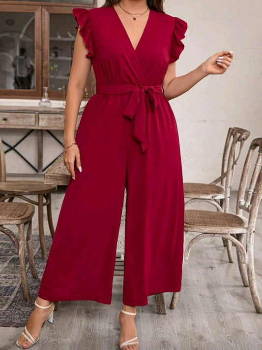 #7922 Solid Color V-Neck Jumpsuit With Ruffle Edge And Waist Belt