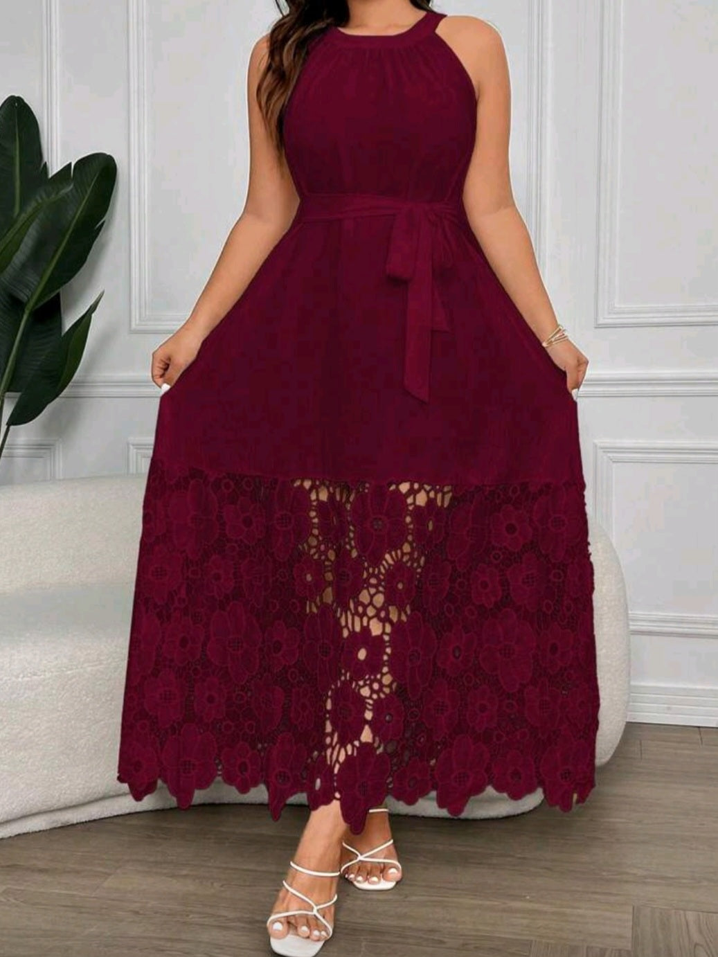 #4403 Elegant Solid Color Lace Patchwork Dress