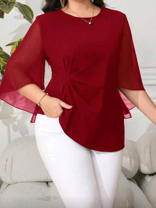 #6988 / 5622 Round Neck Flared Sleeve Elegant Blouse