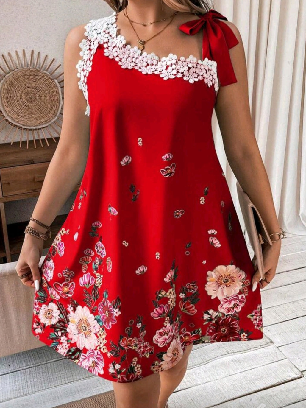 #0075 Asymmetrical Neckline Printed Dress