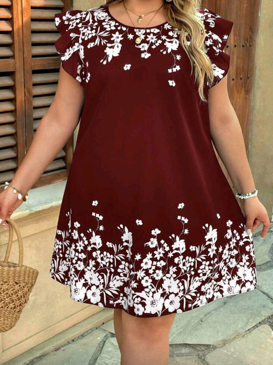 #4094 Floral Print Ruffle Trim Loose Dress