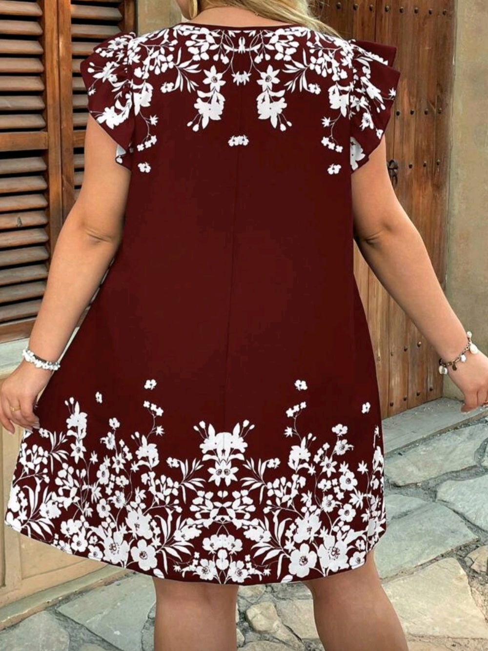 #4094 Floral Print Ruffle Trim Loose Dress