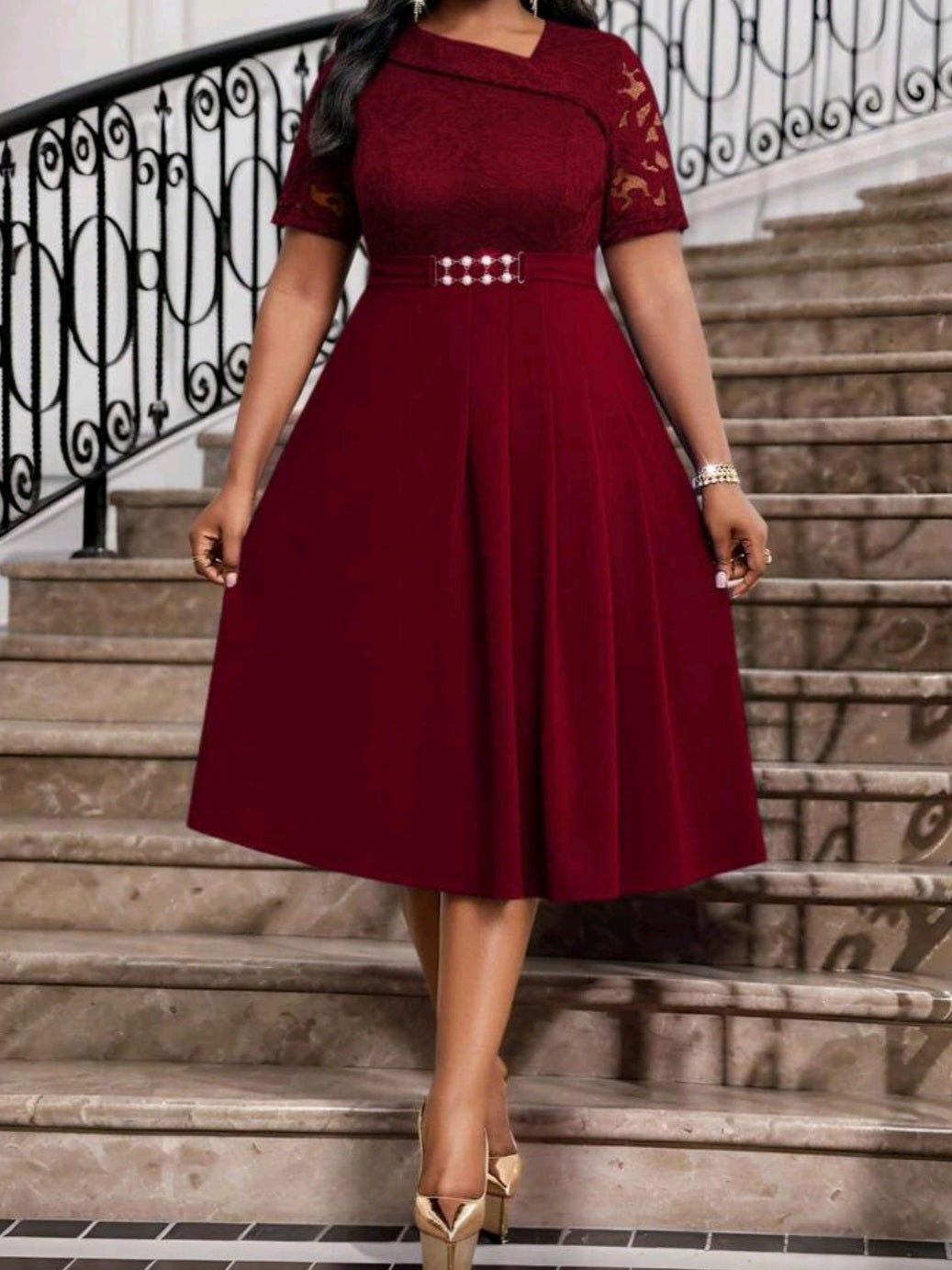 #3503 Elegant Solid Color Lace Patchwork Midi Dress