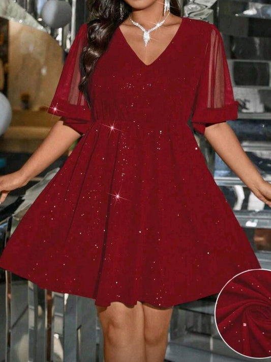 #2414 V-Neck Mesh Ruffle Short Sleeve Shiny Elegant Dress