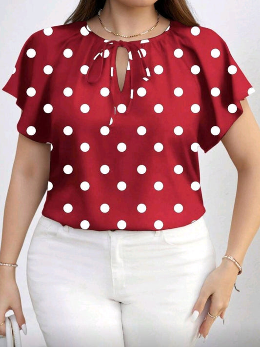 #6634  Front Tie Short Sleeve Polka Dot Top