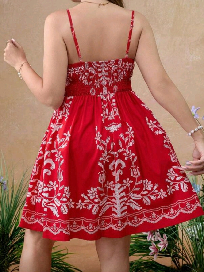 #5504 Spaghetti Strap Floral Tie-Up A-Line Mini Dress