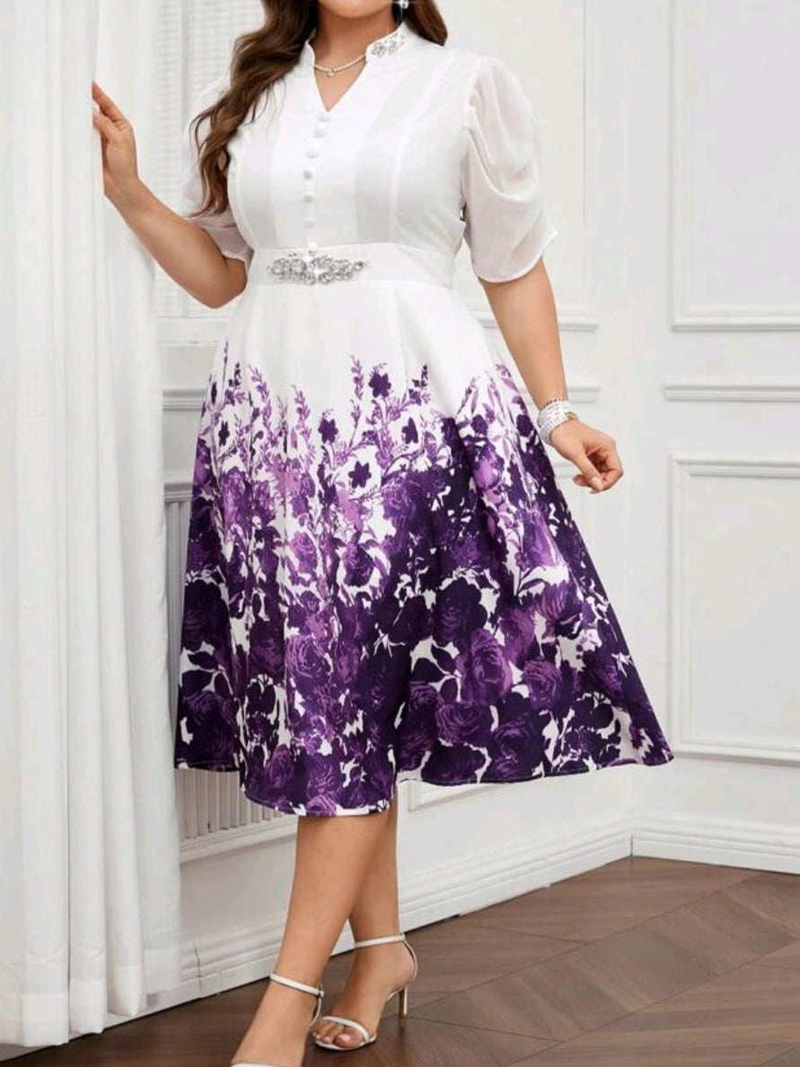 #6879  Elegant Flower Print Notched Neck Dress