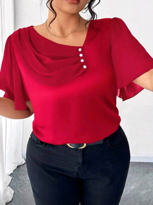 #5476 Asymmetrical Ruffle Collar Button Decor Short Sleeve Elegant Blouse