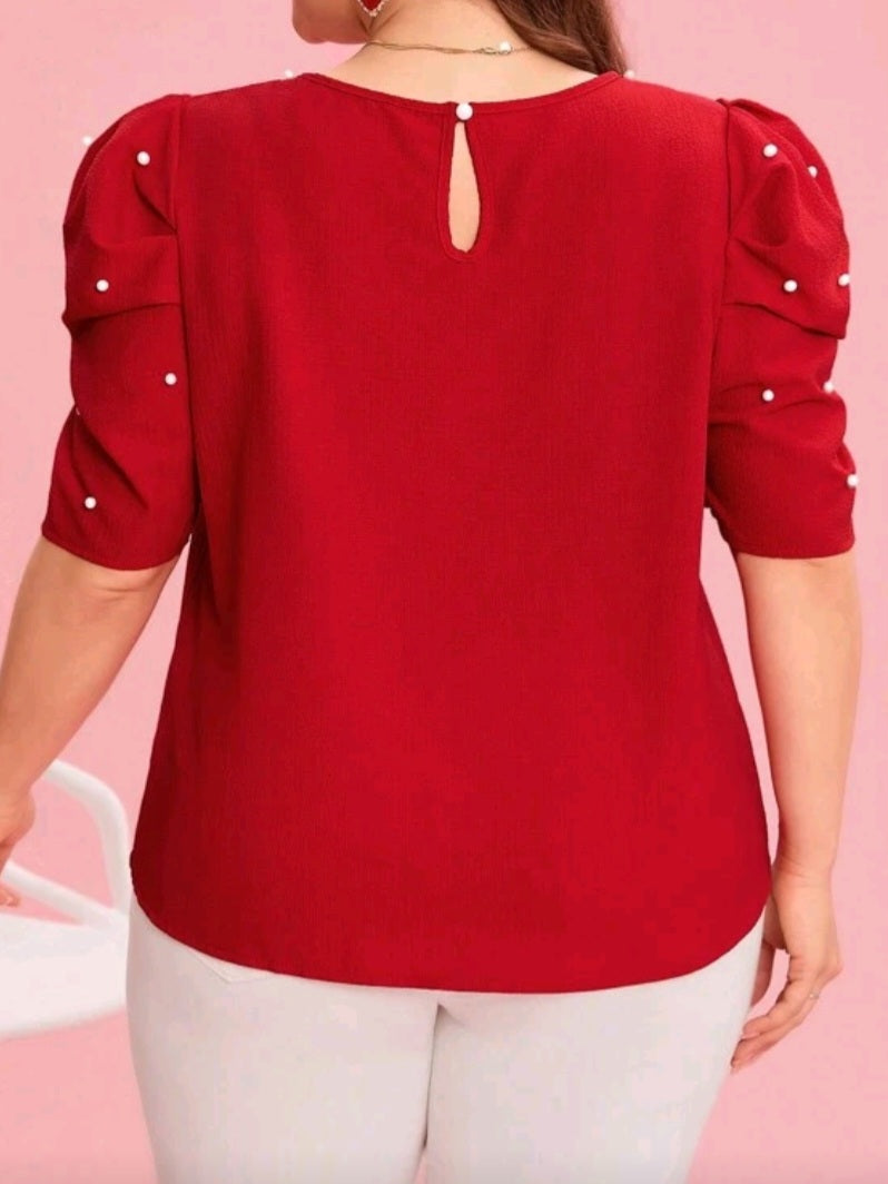 #1779 Short Sleeve Top With Faux Pearl Decor