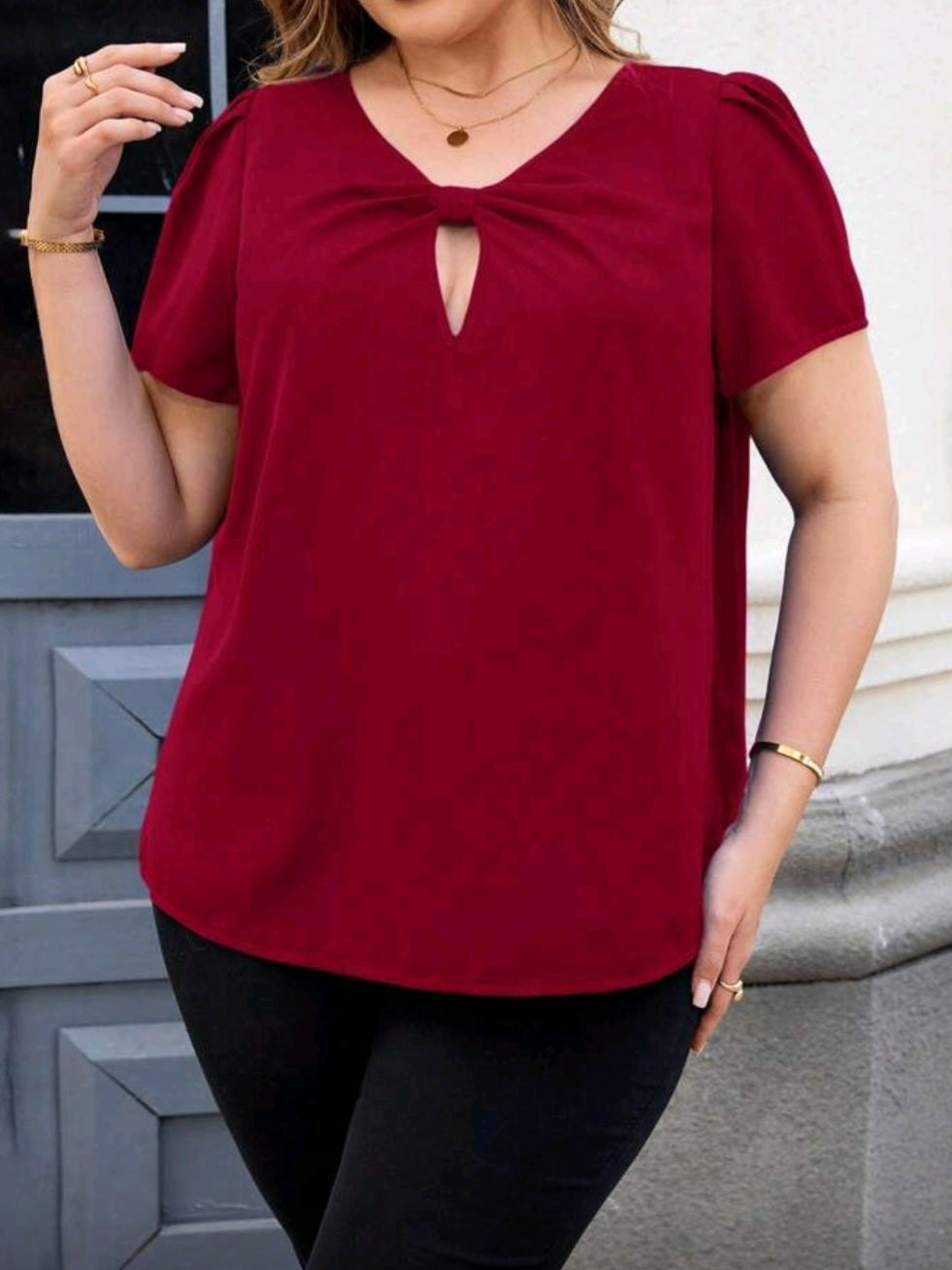 #0397 Hollow Out Twist Knot Short Sleeve Loose Blouse