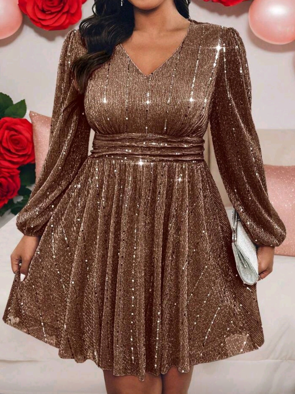 #7555 Elegant Sequin Lantern Sleeve Dress